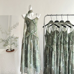 Green Lotus Floral Chiffon Sundress Empire Waist Sweetheart Neckline Sheer Layer Women's Evening Dress 2025 New Arrival - Product Image 2