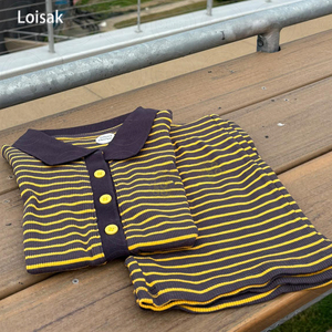 Clothing Manufacturers for Women Cotton Knit Strips 2 Pieces Set Crop <strong>T</strong> <strong>Shirt</strong> With Button and Capri Skinny Loungewear Women Set - Product Image 3