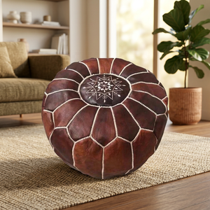 Funda de Puf de Cuero Genuino Hecha a Mano, Bordado Geométrico, Estilo Bohemio, Diseño Cosido, Decoración del Hogar, Cierre con Cordón - Product Image 2