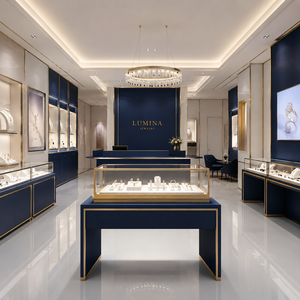 Vitrine à bijoux en verre bleu marine de luxe sur mesure, éclairage LED, écologique, recyclable, pour les bijouteries, les magasins de détail/centres commerciaux - Product Image 5