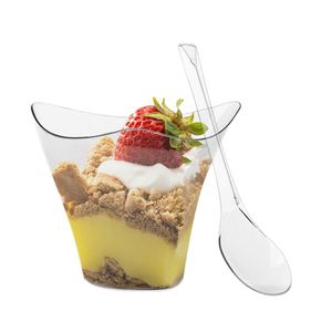 Gobelets à dessert mini triangulaires de 4 oz, gobelets à apéritif en plastique jetables, gobelets à shooter réutilisables avec cuillères pour fruits, yaourts, parfaits - Product Image 1