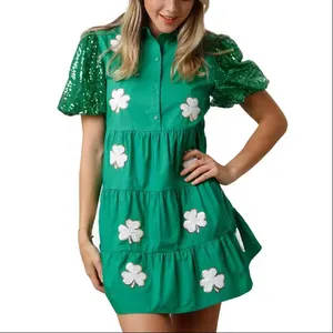 Summer Sequin Clover Green St.Patrick'day Women's Dress Puff Sleeve Custom Sequin Clover Button Fly Sequin Neck Women's Dress