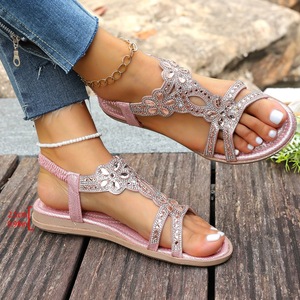 Women Floral Rhinestone T Strap Flat <b>Sandals</b> Glitter Upper <b>Elastic</b> Ankle Strap Slip Resistant Sole Summer Beach Casual Footwear - Product Image 5