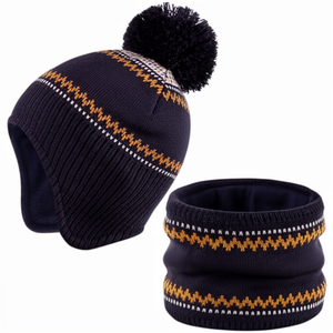 Navy Knit Beanie Hat with Pom Pom and Striped <b>Neck</b> <b>Warmer</b> Scarf Set Unisex Casual Adults - Product Image 1