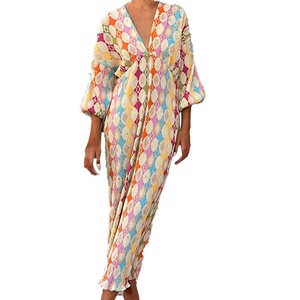 Vestido Elegante de Mujer OEM de Alta Calidad, Estilo Línea A, Venta al por Mayor Personalizada, Cuello en V, Manga Larga Tipo Linterna, Estampado Otoñal con Toque de Temperamento - Product Image 1