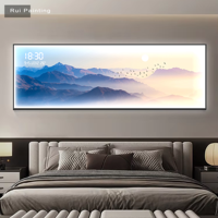 Horloge murale électronique créative haut de gamme en aluminium doré Rizhao Jinshan avec lampe et peinture pour la décoration du salon et de la chambre