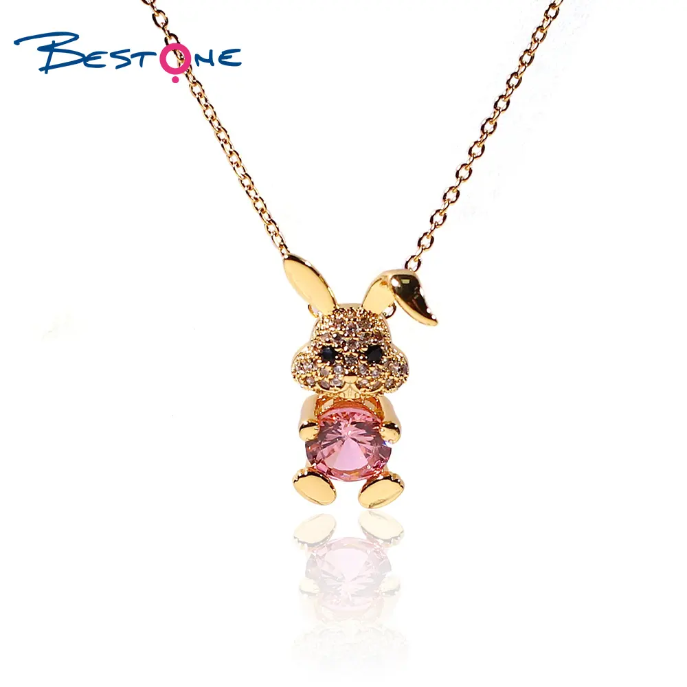 Beston Cooper inlaid zircon Rabbit hug Pink zircon Pendant Titanium steel chain Necklace Jewelry New arrival
