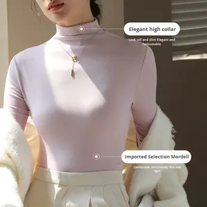 חולצת בסיס מודאלי חצי tleneck חולצת בסיס נשים גמישות גבוהה רזה רזה מתאים צבע אחיד שרוול ארוך העליון - Product Image 1