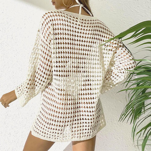 Vestido de Playa de Verano para Mujer, Color Sólido, Calado, de Ganchillo, Manga Larga, Holgado, para <span class=keywords><strong>Vacaciones</strong></span> y Fiestas en la Piscina - Product Image 2