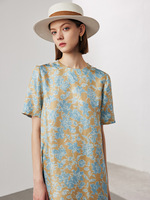 Damen Umweltfreundliches Chiffon-Seiden Waschbares Midi Sommer Blumenmuster Digital Boho-Stil A-Linien-Silhouette Kurzarm-Tunika-Oberteil