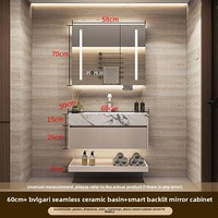 Meuble de salle de bain en bois massif avec vasque intégrée, miroir intelligent et panneau de porte peint étanche IPX4 pour salle de bain