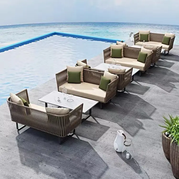 Op Maat Gemaakte Outdoor Rotan Bank En Stoel Combinatie Moderne Patio Tuin Sofa Set Waterdichte Villa Hotel Meubilair