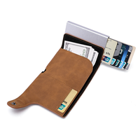Dompet pria kulit PU logam RFID kustom bisnis dengan penutup kancing desain dan Logo kuda gila minimalis