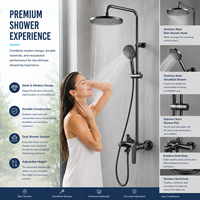 Système de douche 3 voies en acier inoxydable noir mat avec pommeau de pluie rond, douchette à main, bec de baignoire et barre coulissante OEM