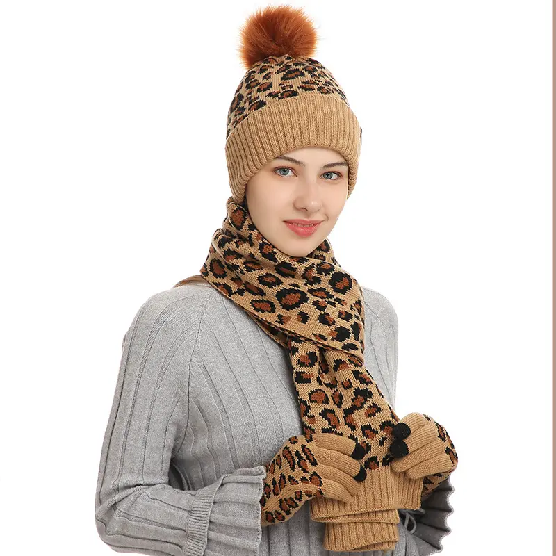 Leopard Beanie Hat Scarf Touch Screen Gloves Set with Pom for Women