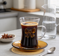Tasse en verre borosilicate de haute qualité 175 ml avec anse en forme d'arc 3D ambre et soucoupe assortie, résistante à la chaleur pour café, latte, thé de l'après-midi