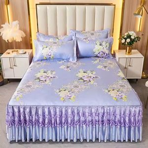 Sábana de seda de hielo para mujer, esterilla de verano de encaje, estilo parisino, Mar de flores, 3 piezas, 2 fundas de almohada + juegos de falda de cama - Product Image 3