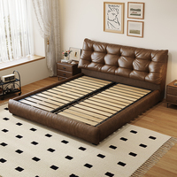 Lit de Luxe en Cuir Pleine Fleur, Lit Double Minimaliste Italien pour Chambre Principale avec Rangement, Lit en Cuir de Vachette Premium pour Projet de Villa