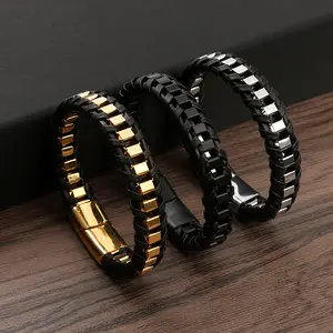 Pulseras de cuero y acero inoxidable trenzadas multicapa con cierre magnético de nuevo diseño de alta calidad para hombres