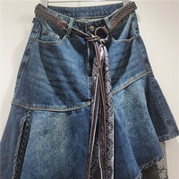 Nouvelle collection automne 2026 – Jupe sirène en jean bleu pour femme, avec panneau en dentelle, asymétrique, coupe haute-basse, irrégulière, avec ceinture à nouer et volants