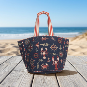 Nautical Lobster Print Cotton <b>Beach</b> <b>Tote</b> <b>Bag</b> with Red Striped Handles - Product Image 2