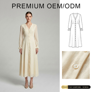 Marque personnalisée modeste Collection Style rétro <span class=keywords><strong>longue</strong></span> <span class=keywords><strong>robe</strong></span> femmes en mousseline de soie florale col rabattu à manches longues cravate taille tenue décontractée - Product Image 1