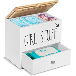 Support mural en bois pour tampons avec tiroir et couvercle, organisateur de cotons-tiges, boîte de rangement pour tampons en coton - Product Image 1