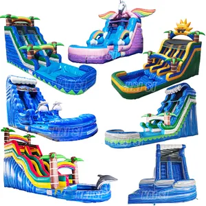 Commercial Waterslide Inflatable Dual Lane Jumper Blue Wave Water Slide Kids Blow Up 18Ft Inflatable Water Slide With Pool