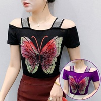 Camiseta de Fiesta para Mujer con Hombros Descubiertos, Pedrería de Rosas, Lentejuelas Brillantes, Ajuste Delgado, Manga Corta, Ideal para Discoteca