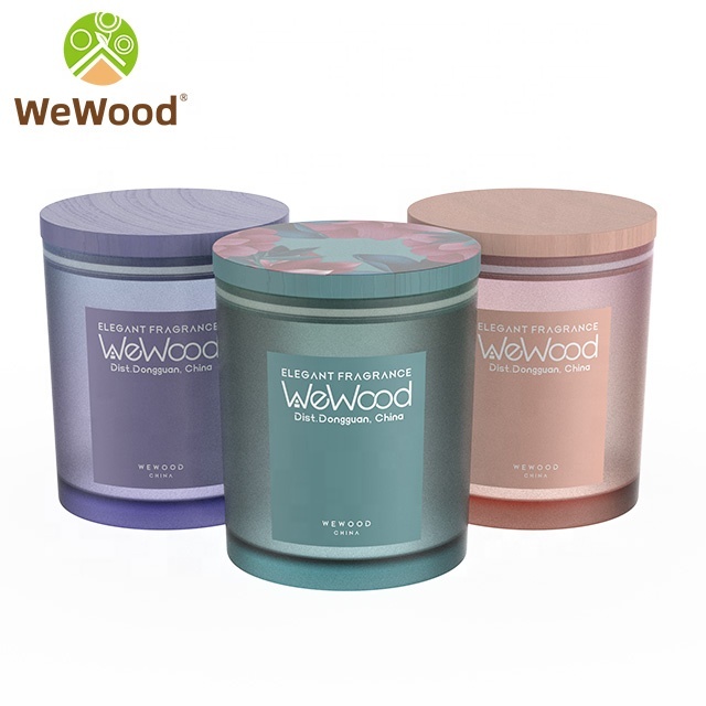 Custom 8 OZ Coloured Empty Iridescent Frosted Matte Green Clear Glass Candle Jar With Wooden Lid