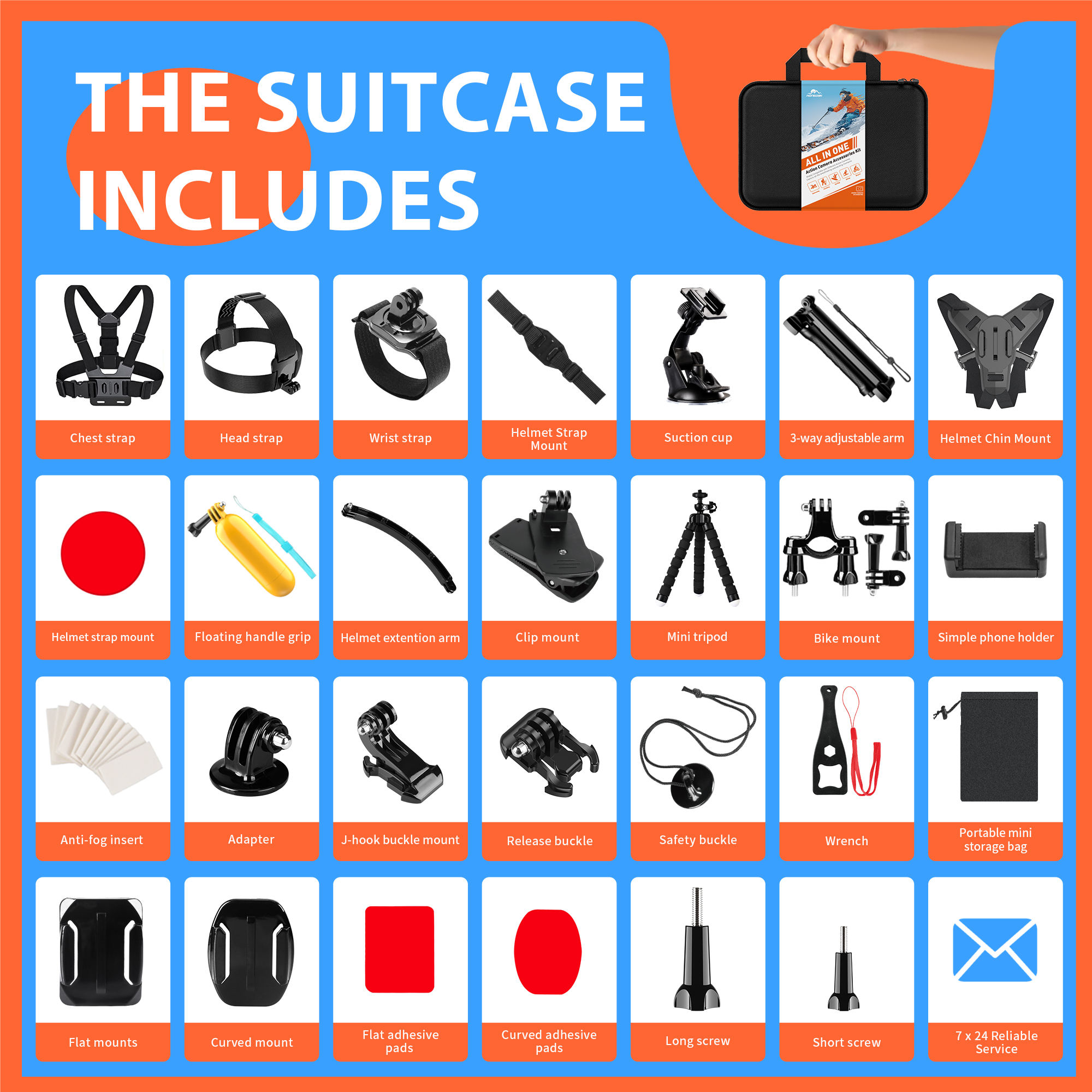 Hongdak Action Camera Accessories Set for Gopro Hero 13 12 11 10 for Xiaomi Yi Insta360 X4 X3 Case Kit Strap Mount Selfie Stick