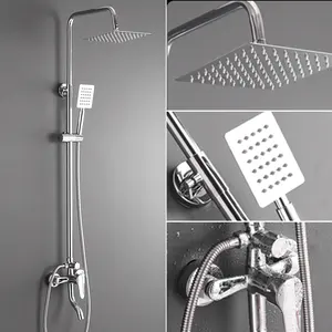 Square Sliver Color Pressurized Waterfall Shower Head Bath & Shower Faucets Brass Bathroom Shower Set