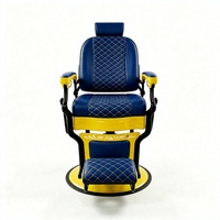 Fauteuil de barbier hydraulique vintage bleu et jaune, 360° °   Fauteuil de salon pivotant et inclinable en cuir PU matelassé pour hommes, pour la coupe de cheveux