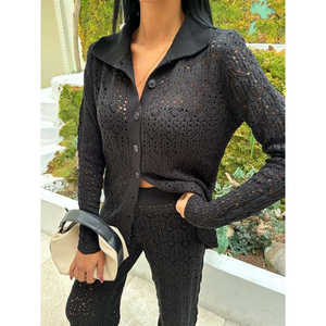 Conjunto de Suéter Tejido para Mujer Odette, Negro, Otoñal, Casual, Transpirable, con Pantalones de Manga Larga - Product Image 5