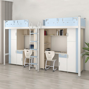 Letto a Castello Doppio con Struttura in Metallo <span class=keywords><strong>Salvaspazio</strong></span>, Tavolo e Armadio per Studenti e Dormitori - Product Image 1