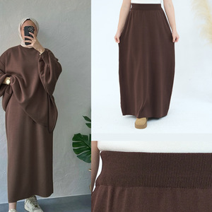 Yeni pamuk kış Co Ord Set kadınlar müslüman mütevazı etek manşet düğmeleri elastik bel dize cepler örme 2 parça Abaya Set - Product Image 4