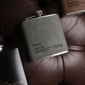 カスタムLaserable Leatheretteポータブルトラベル6オンスステンレススチールグレーPuレザーヒップフラスコGroomsmenウェディングパーティーギフト用 - Product Image 2