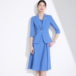 Women's Suit Set Blazer Dress Midi Length Three Quarter Sleeve Polyester Crepe Anti-Wrinkle Formal <b>Work</b> Wear - Product Image 3