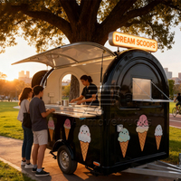 Beau luxe toit rond fromage ouvert chocolat Churros collation sucrée bonbons camion de nourriture remorque avec places assises terrasse