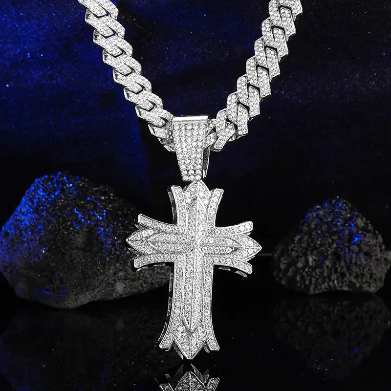 Wholesale Spiritual Religious Silver Hip Hop Ice Out Moissanite Pendant Cross Gold Cuban Chain Necklace Jewelry For Mens