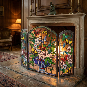 Paravent de cheminée en vitrail, 3 panneaux, motif floral, verre décoratif traditionnel, pour salon, autoportant, forme cathédrale - Product Image 3