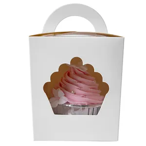 Scatola per torta singola in carta bianca con manico e Mini finestra a forma di Cupcake singola