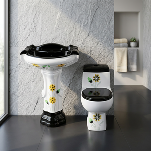 Toilette monobloc colorée de qualité supérieure avec ensemble de lavabo sur pied articles sanitaires en porcelaine salle de bain WC et lavabo combiné - Product Image 4