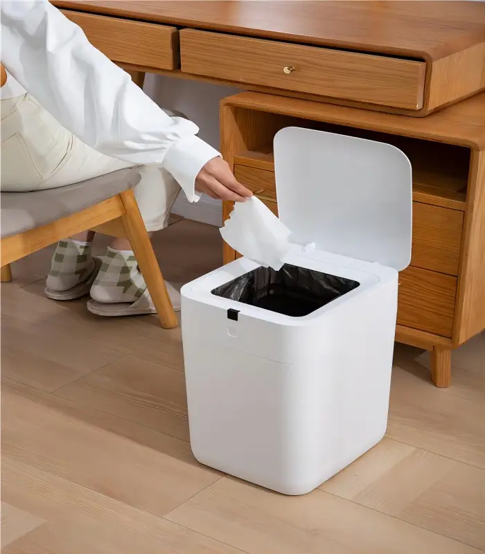 Cubo de basura grande de plástico ABS, cubo de basura con sensor de autoembalaje con tapa, cubo de basura inteligente para alimentos con bolsas de basura de 6 meses para uso en oficina