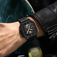 Jam Tangan Pria Kuarsa Casing Aloi Persegi 42Mm Tali Kulit Tahan Air 30M Bercahaya Desain Sederhana Gaya Sporty