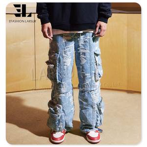 LARSUR Jeans cargo droits en denim personnalisés délavés en usine Jeans jacquard déchiquetés pour hommes Pantalon cargo en <span class=keywords><strong>tapisserie</strong></span> - Product Image 1