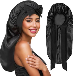 HLC Bonnets en satin rouge rose avec long bandeau élastique, <span class=keywords><strong>bonnet</strong></span> tressé, <span class=keywords><strong>bonnet</strong></span> soyeux <span class=keywords><strong>pour</strong></span> cheveux, enveloppe extra longue <span class=keywords><strong>pour</strong></span> tresses et grandes vagues - Product Image 2