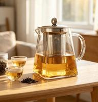 Service à thé classique en verre borosilicate à base carrée avec infuseur en acier inoxydable, chauffe-thé portable compatible et durable