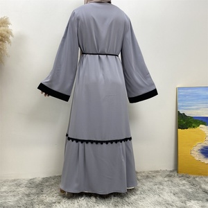 1584# Grey Elegant Open <b>Abaya</b> With Black Floral Applique Long Sleeve Muslim Women Dubai Abayas Long Robe With Lace Patchwork - Product Image 6