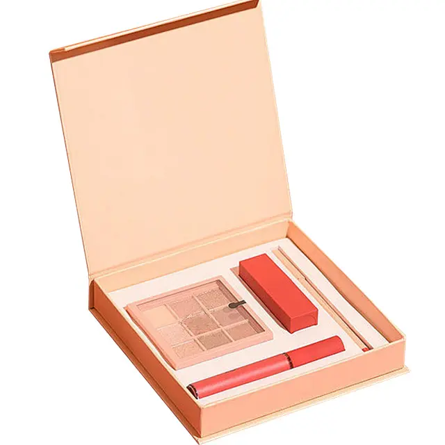 Kitap tipi özel pembe renk dokulu makyaj seti kutuları için ruj paketi kapaklı kozmetik kutusu